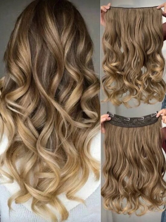 Other - 20” Human Hair Blend Clip-In Extensions – Wavy Natural Brown with Caramel Ombre